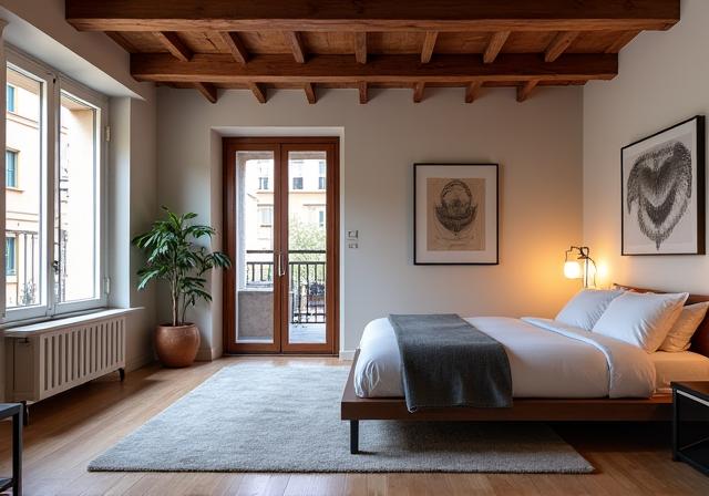 Interno di un appartamento moderno con finiture di design e travi a vista.