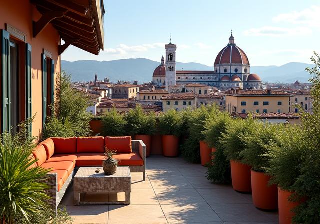 Terrazza lussuosa di un attico con vista sulla cupola del Duomo di Firenze.