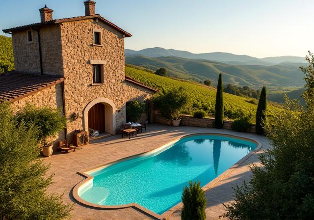 Casale in pietra con piscina circondato da vigneti nelle colline del Chianti.